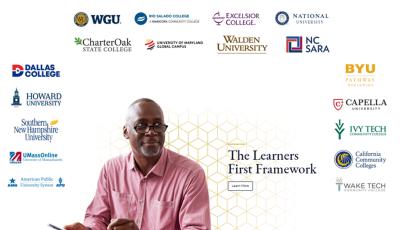 The Learners First Framework. Logos of 17 colleges surrounding a middle aged black man smiling with mobile device.