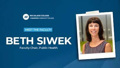 Image of Beth Siwek with text on blue background: Meet the Faculty Profile: Beth Siwek